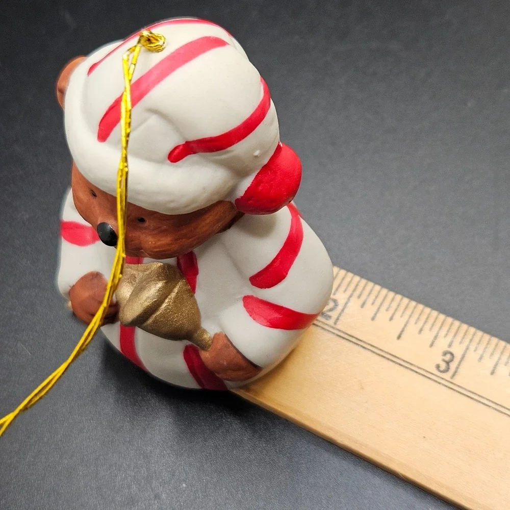 Vintage 1985 Giftco Teddy Bear Bell Christmas Ornament Peppermint Suit